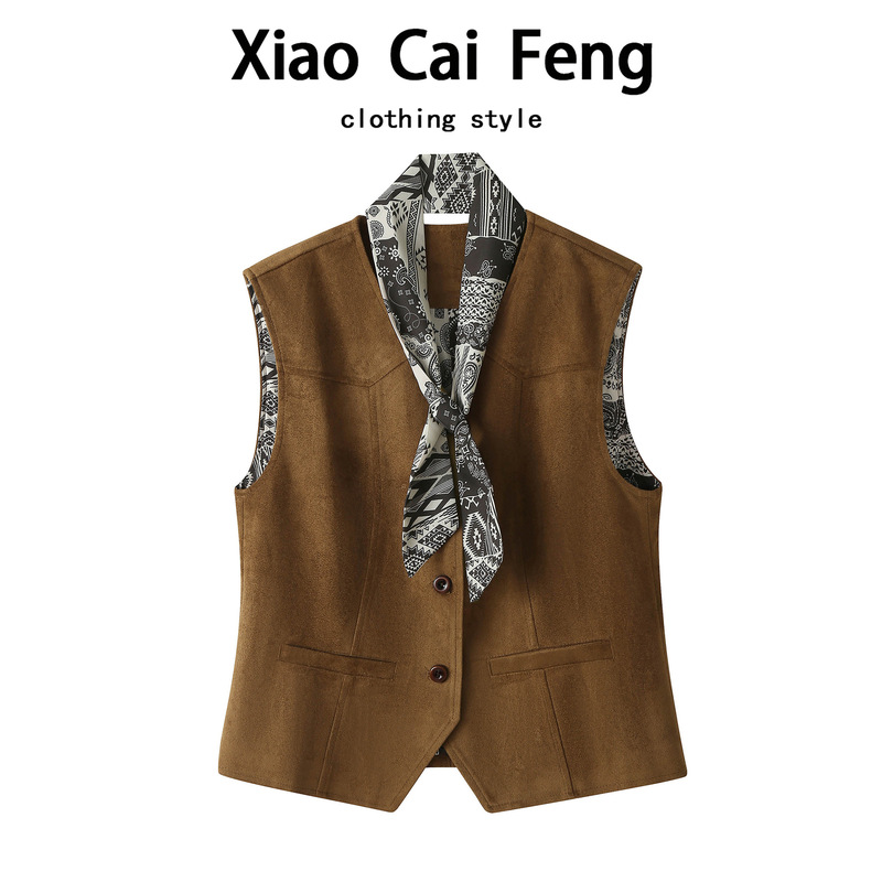 Old Money Style Silk Scarf V-Neck Suede Blazer Vest for Women Autumn Slimming Layered Waistcoat Versatile Vest Top Trendy