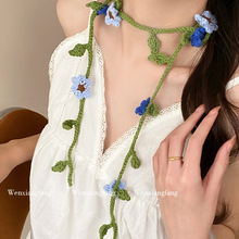 甜美玫瑰花手工钩织颈饰女2025新款小众细窄长条围脖系脖丝巾飘带