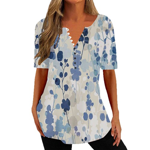 Direct selling of new European and American summer women's 3D printed V-neck button-down short-sleeve top