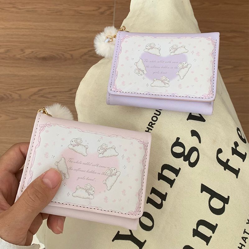 Korean-style girly dream niche design short wallet card holder all-in-one bag with cute cartoon rabbit, multi-card slot coin purse