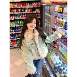 毛毛拼接夹棉牛仔棉衣外套女短款冬季小个子大翻领夹克棉服上衣潮