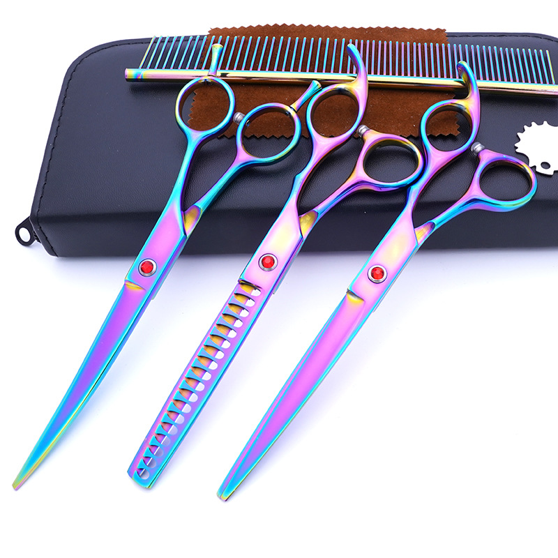Directo de fábrica de acero inoxidable de 7 pulgadas para mascotas tijeras de belleza profesional de corte de pelo de perro tijeras curvas Teddy adelgazamiento tijeras traje