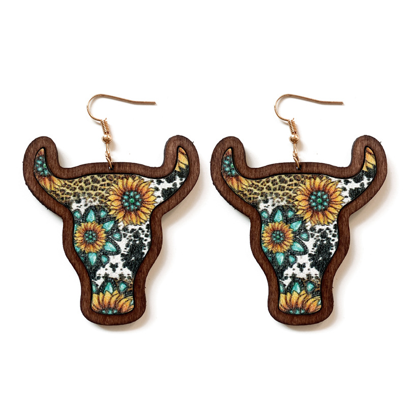 1 Pair Retro Bull Head Wood Women's Drop Earrings display picture 7