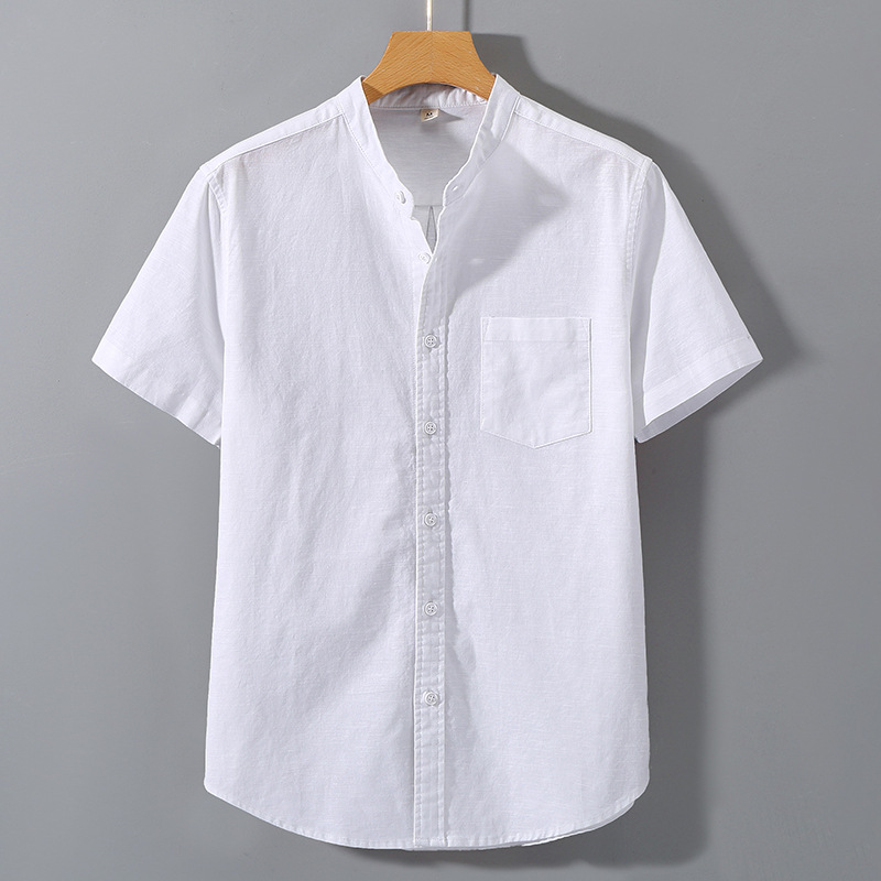 Camicia di lino da uomo sottile camicia a maniche corte ampia camicia estiva in cotone lino stile cinese da uomo casual con colletto rialzato_voghion.com