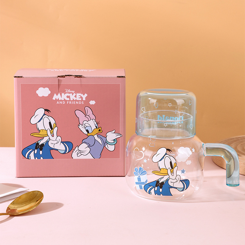 Nuevo tipo de taza de agua con tapa de Disney, taza de agua de una persona, taza de agua de vidrio de alta capacidad, taza de té de flores, taza de agua de vidrio de alta silicona