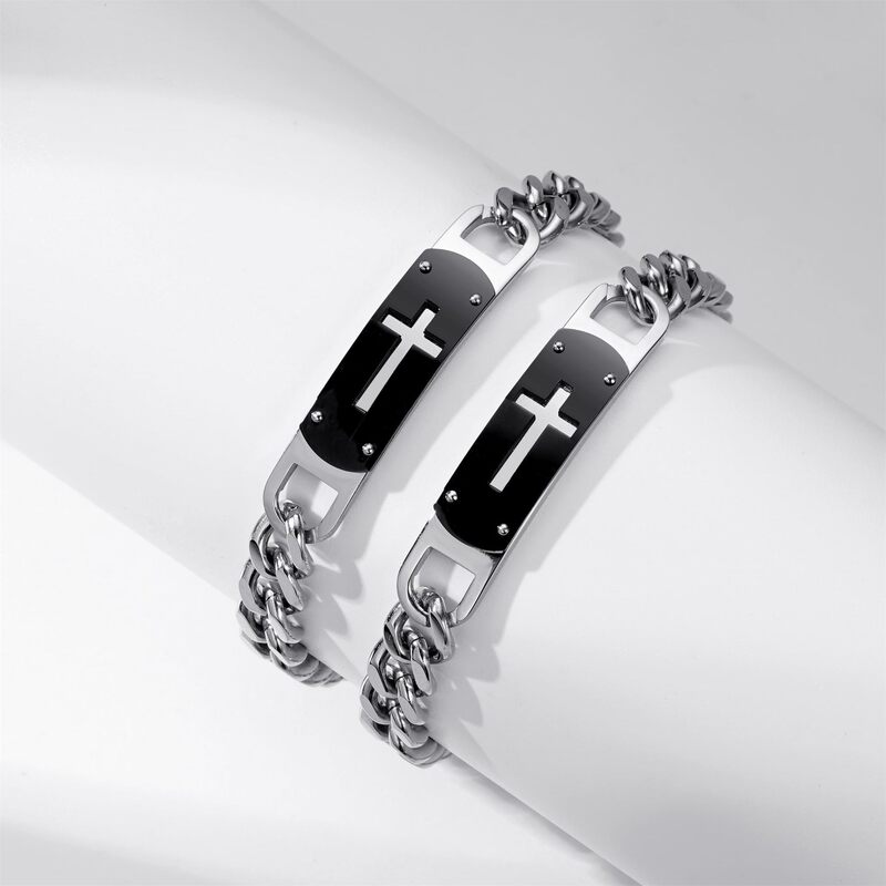 Men's Stainless Steel Faith Bracelet, Silver Cuban Chain, Laser-Engraved, Adjustable Bracelet with Curved Cross Pendant Men's Stainless Steel Faith Bracelet, Silver Cuban Chain, Laser-Engraved, Adjustable Bracelet with Curved Cross Pendant