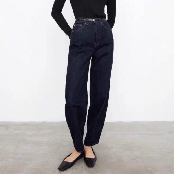 Scandinavian Niche Tot Autumn and Winter Barrel-Shaped Wide-Leg Slim Dark Blue Washed Straight Women's Jeans