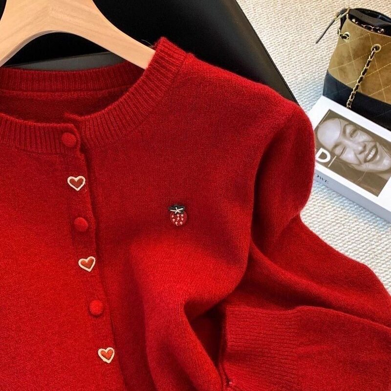 2026 Fall/Winter New Round Neck Single-Breasted Sweater Knit Cardigan for Women with Strawberry Embroidery, Slimming and Stylish Trendy Coat 2026 Fall/Winter New Round Neck Single-Breasted Sweater Knit Cardigan for Women with Strawberry Embroidery, Slimming and Stylish Trendy Coat