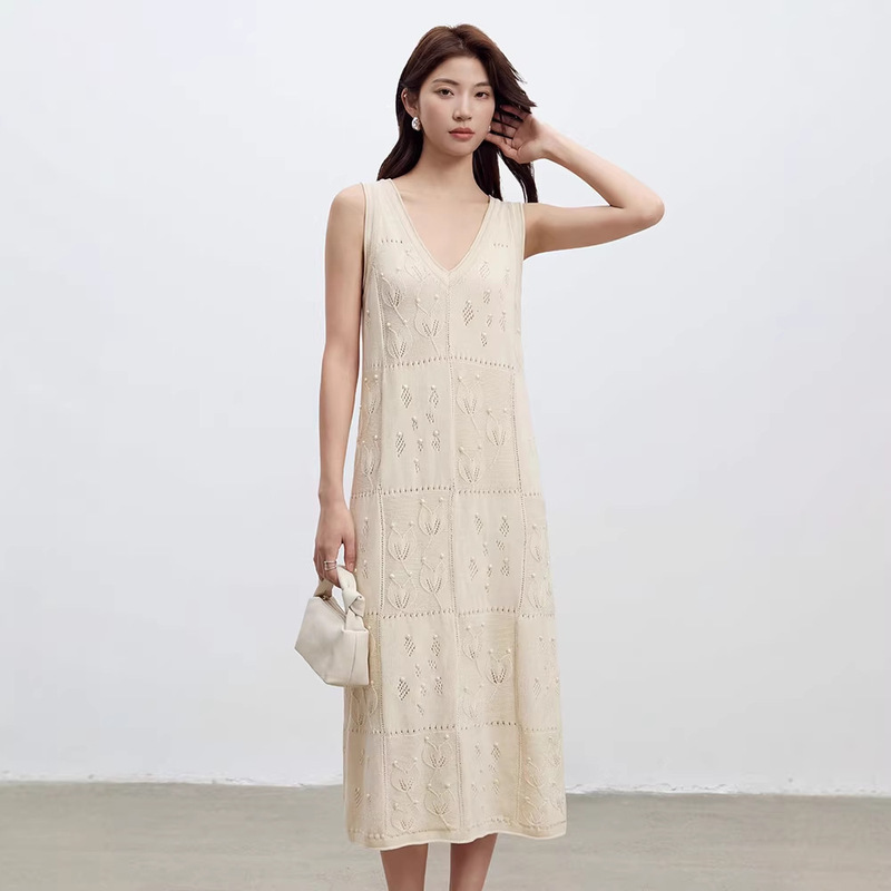 French-Style Elegant Tencel Linen Dress for Women, Summer Long Dress, New Jacquard V-Neck Knitted Camisole Dress