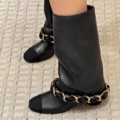 现货版~小香风链条高跟中筒靴女秋裤管靴高筒骑士靴粗跟长靴