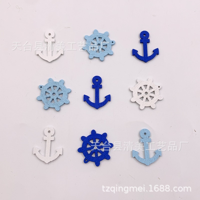 20*25mm ancla, 25mm timón de tres colores mezclados adornos de madera azul y blanco decorativo 100 piezas un paquete