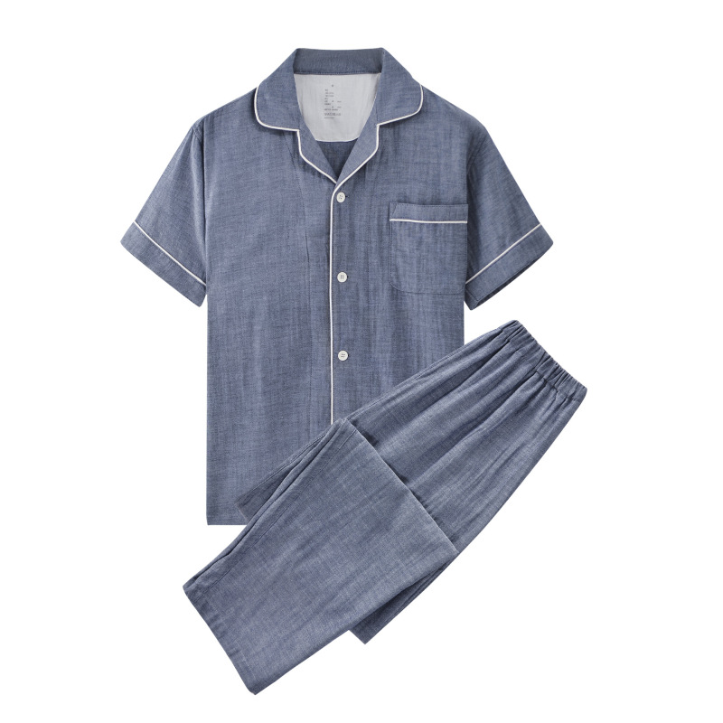 Double-layer yarn cotton non-print style Plaid solid color lovers' home clothes pajamas spring and summer men's and women's short sleeve home clothes Double-layer yarn cotton non-print style Plaid solid color lovers' home clothes pajamas spring and summer men's and women's short sleeve home clothes
