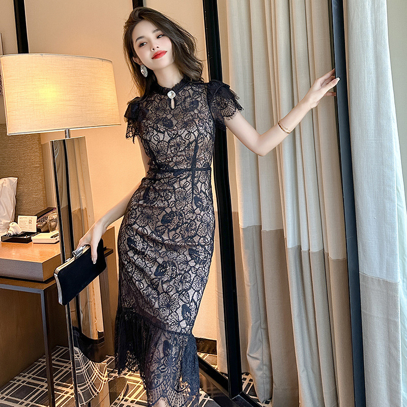 2026 Summer New Style New Chinese-Style Improved Cheongsam Dress Chinese Style Stand Collar Figure-Flattering Lace Dress 20628