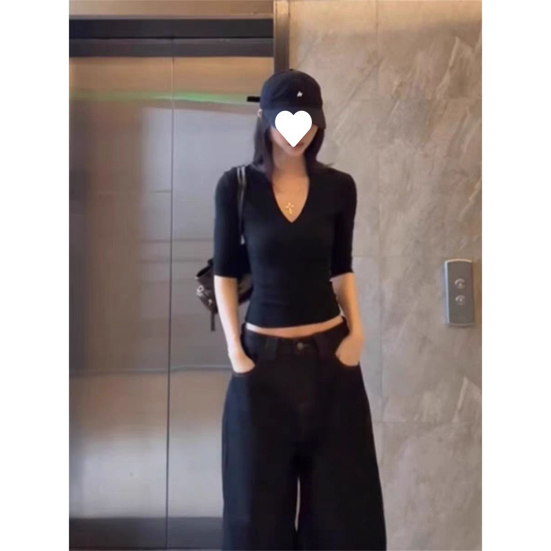 工厂直销 40支纯棉 韩系黑色V领五分袖上衣女chic别致辣妹小众T恤|undefined