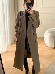 咖啡色感西装外套女春秋新款韩版气质双排扣时尚长款西服大衣