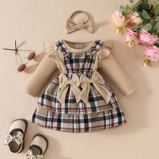 (Cross-border trading), brand autumn long-sleeve for new born for early age girl's, bodysuit, skirt, hair accessory, set, 3 pieces