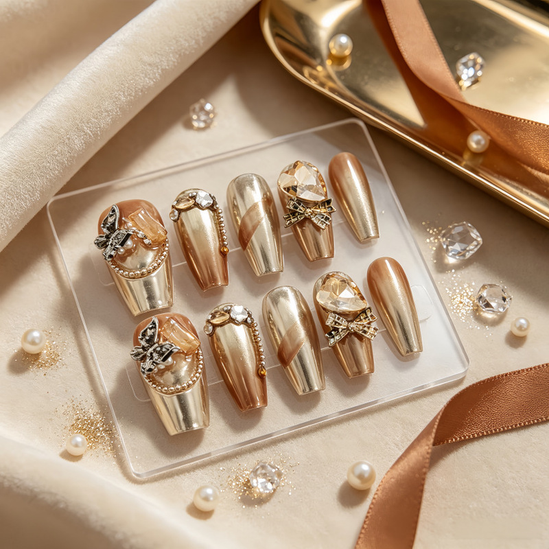 Metallic accessories, butterfly, champagne color, heart-shaped large diamond, gradient manicure, pure desire, gold-plated, light luxury, dazzling, wearable short nails Metallic accessories, butterfly, champagne color, heart-shaped large diamond, gradient manicure, pure desire, gold-plated, light luxury, dazzling, wearable short nails