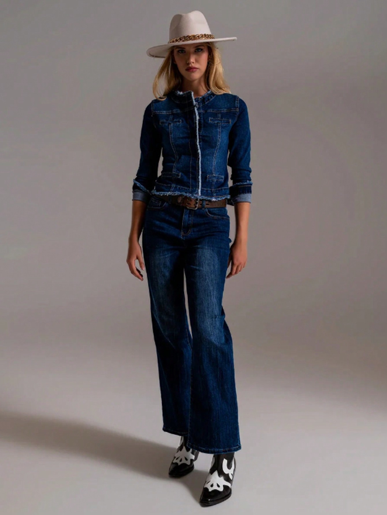 Women's Raw Edge Denim Jacket – Dark Blue, Inspired Cropped Style (S-XXL, European/US Sizing)_ecoleips.com