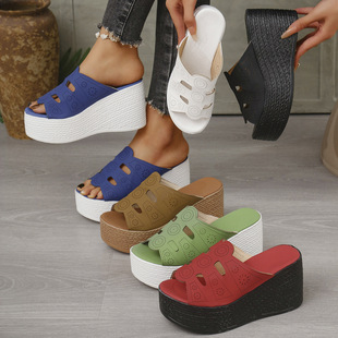 2025 Export New Thick-Soled Cut Out Women's Slippers Cross-Border Large Size Casual One-Legged Sewing Wedge Slippers