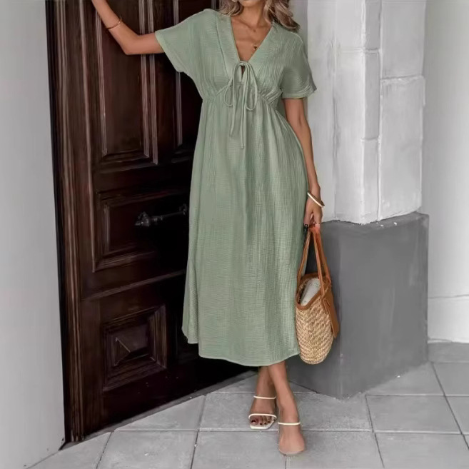 Elegant V-Neck Flowy Midi Dress - Soft Cotton Summer Dress For Women, Comfortable Loose Fit Casual & Office Wear (Available In 8 Colors)_ecoleips.com