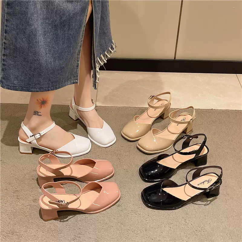 夏季新款撤柜粗跟圆头亮面中空法式仙女风甜美气质女包头凉鞋