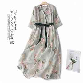 实拍 夏季苎麻文艺复古高腰连衣裙女夏显瘦遮肚棉麻拼接长款裙子