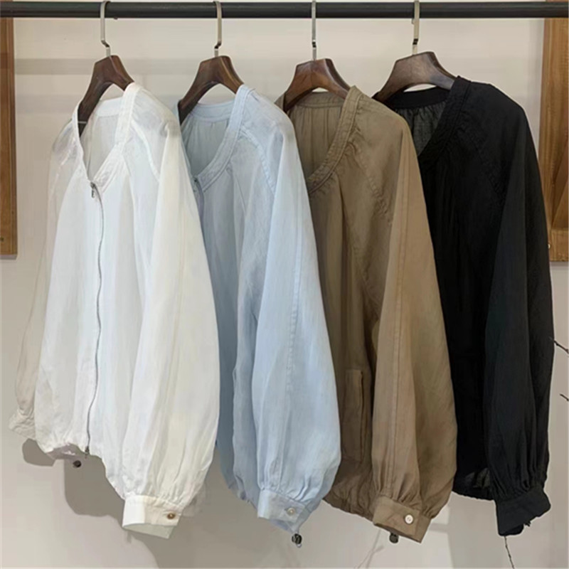Japanese-style Tencel Ramie Zipper Jacket Women's Spring New Loose Casual All-match Drawstring Hem Sunscreen Top for Women