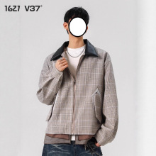 秋冬季新款拼接千鸟格外套男士cleanfit哈灵顿皮领夹克小香风上衣