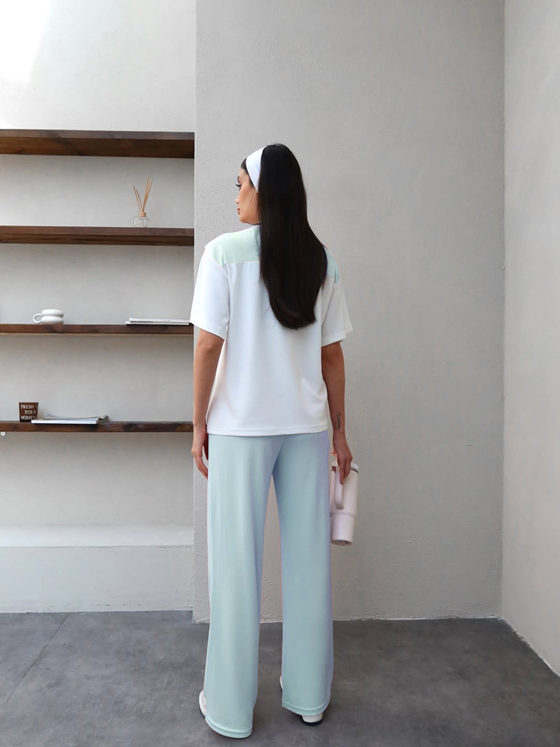 Women's Clothing Women's Faux Wrap Short Sleeve Top And Straight Leg Pants Set Patchwork White Round Neck Summer Fashion Casual Outfit_ecoleips.com