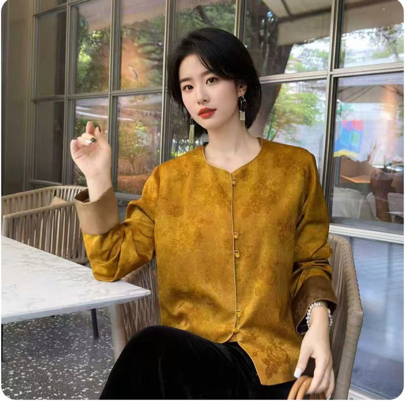 人丝香云纱提花外套女2025秋季新款新中式圆领撞色拼接百搭小外套|undefined