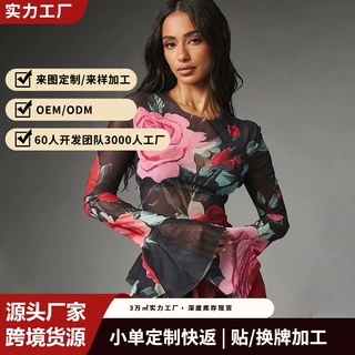 欧美跨境爆款玫瑰印花网纱上衣女喇叭袖不规则荷叶边透视辣妹罩衫