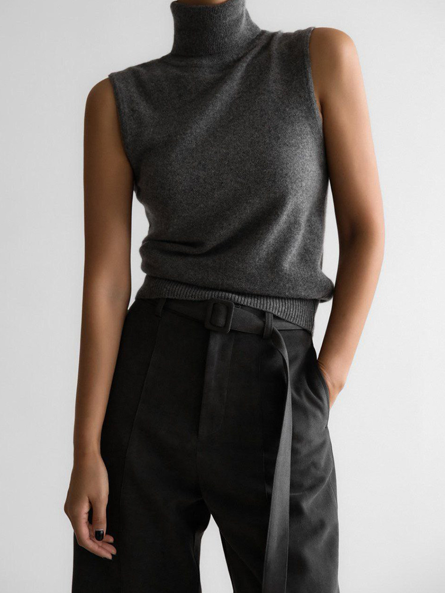 Chalecos de punto transfronterizos sin mangas Europa y Estados Unidos 2025 nueva camiseta de chaleco de cuello alto punto chaleco simple blusa mujer