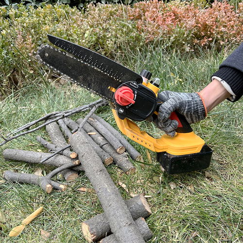 Yellow rechargeable lithium electric chain saw Household light and small electric chain saw Brushless outdoor wireless orchard pruning single-hand saw