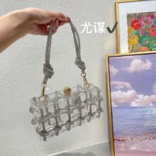 闪亮不灵钻石透明亚克力盒子宴会水钻手工编织绳子小方腋下手拿包