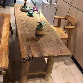 复古怀旧民宿吧台茶桌实木风化板茶台榆木门板桌旧木板原木桌子