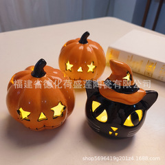 鬼節ハロウィーン装飾品透かし彫り陶磁器対外貿易工芸品白い鬼顔カボチャledランプ燭台置物
