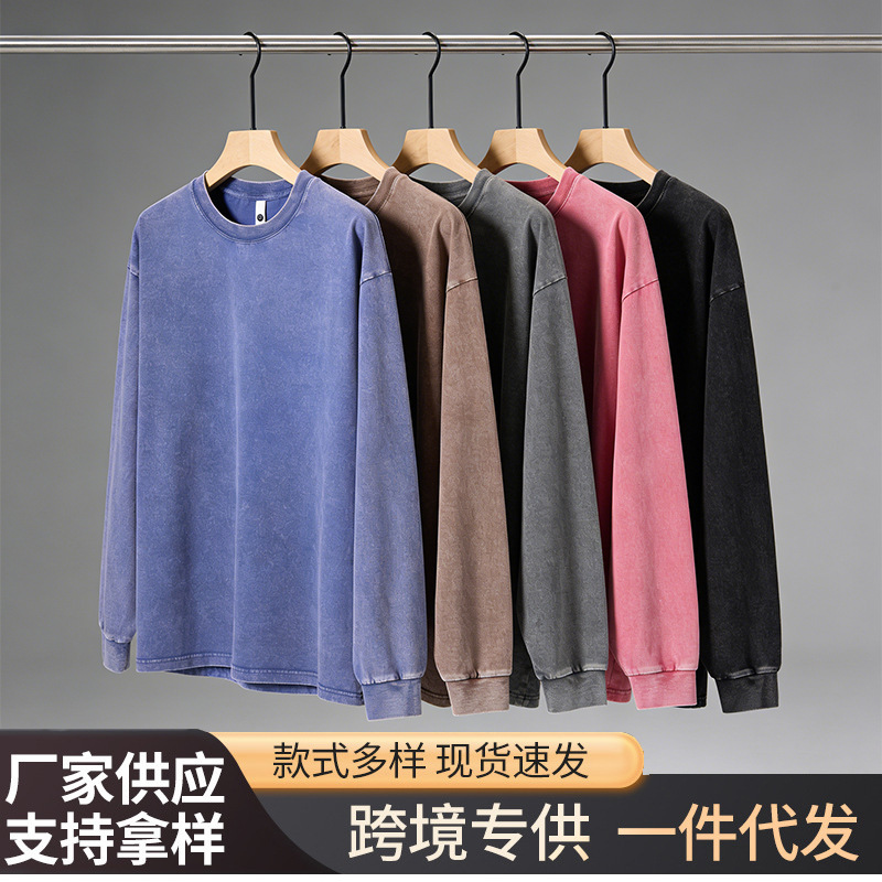 American-Style Cross-Border 230g Vintage Washed Long-Sleeve T-Shirt Unisex Street Style Loose Drop-Shoulder Casual Top