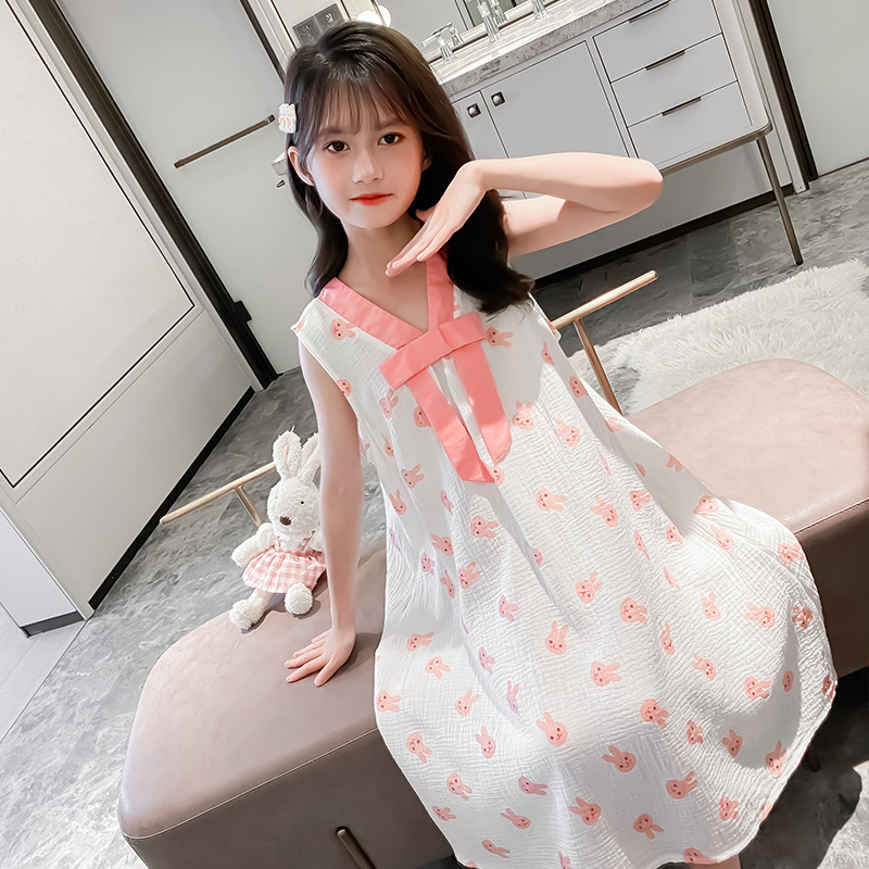 纯棉儿童睡衣夏季女童宝宝无袖薄款效女孩中大童全棉家居服睡裙
