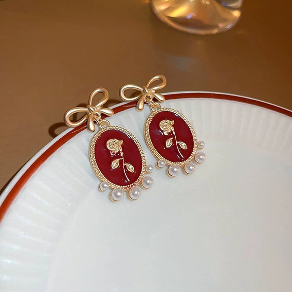 17#Silver needle-red flowers oval (real gold electroplating)