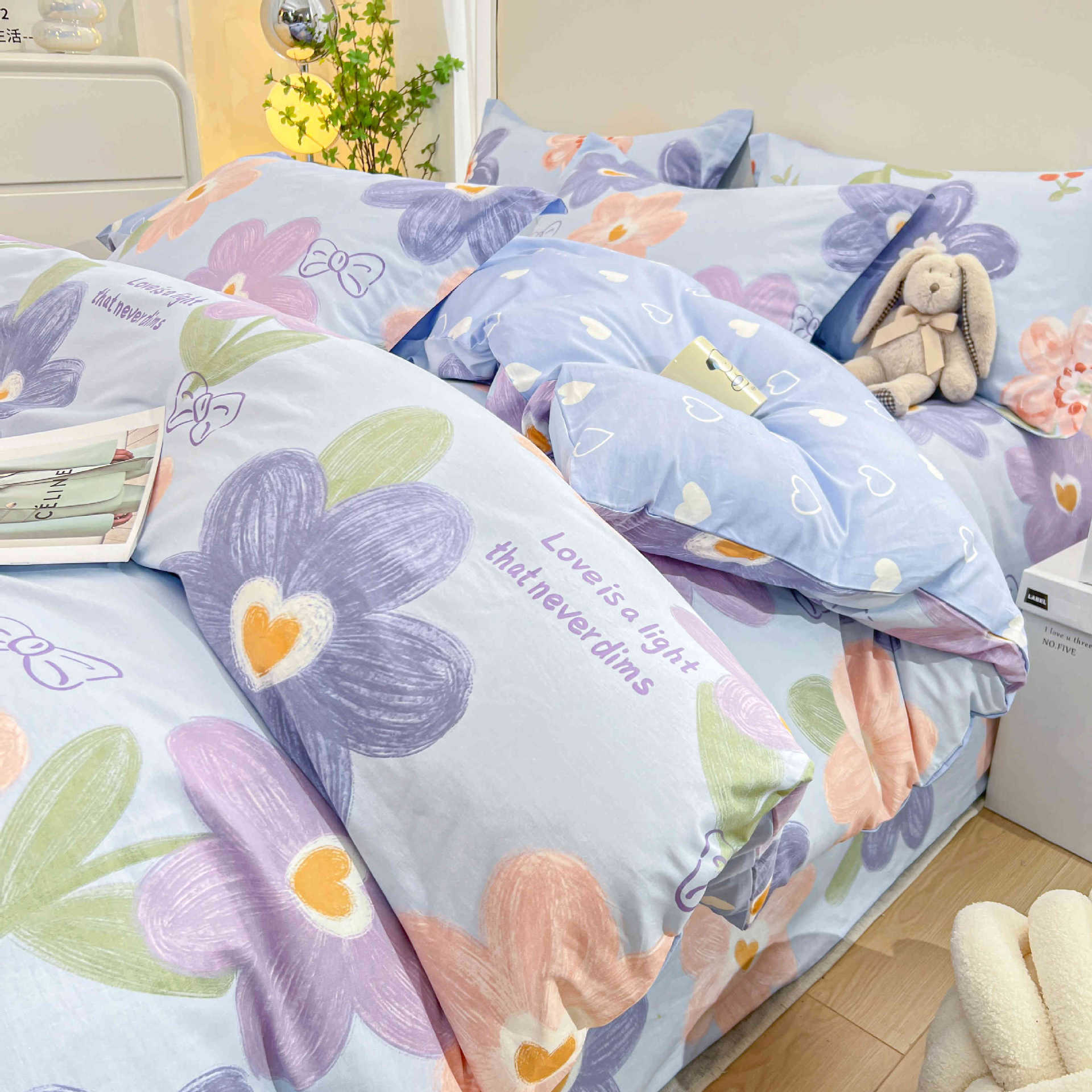 Juego de cuatro piezas de algodón fresco, juego de tres piezas de algodón, funda de edredón gruesa para el hogar, sábana de dormitorio, lijado, cama individual para estudiantes