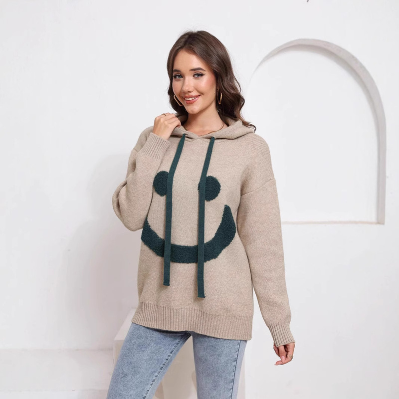 European station smiley face hooded sweater women's sweater 2023 autumn and winter new Korean lazy wind loose sweater top European station smiley face hooded sweater women's sweater 2023 autumn and winter new Korean lazy wind loose sweater top