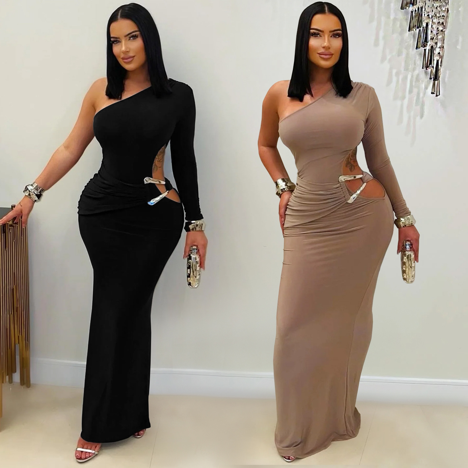 C7543 Aliexpress transfronterizo Amazon Europa y América moda de mujer sexy de hombro inclinado de manga única delgada vestido de color sólido