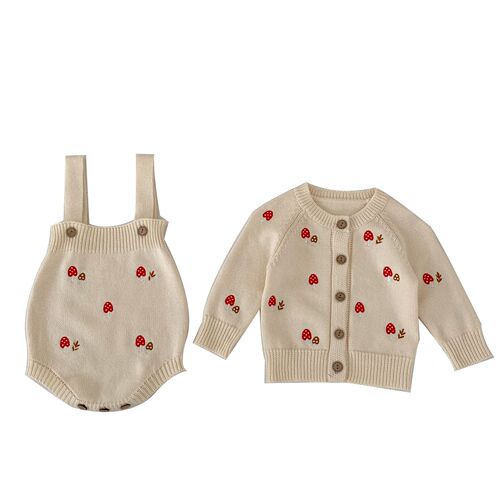 2025 Spring and Autumn Baby Clothes Cute Girls Mushroom Embroidered Cardigan Coat + Sleeveless Belted Bodysuit Crawling Suit