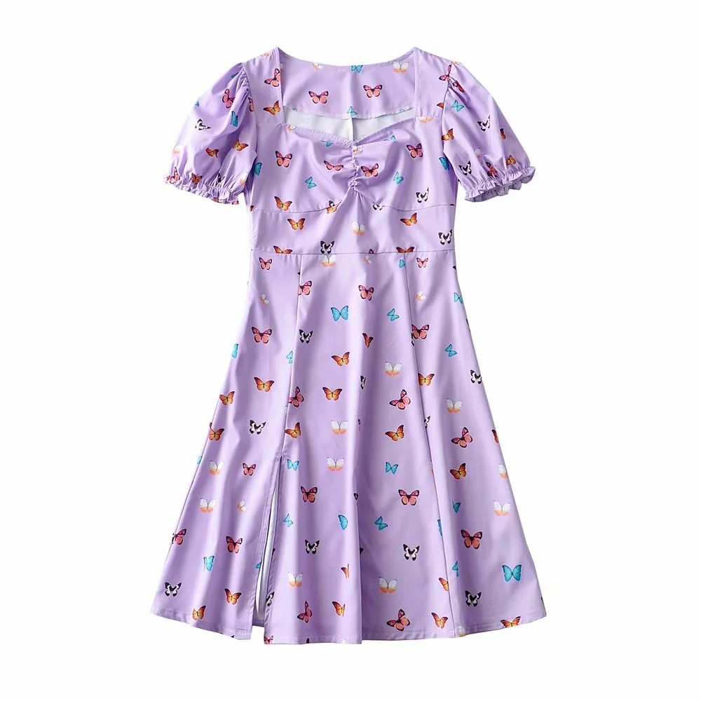 temperament butterfly print puff sleeve dress NSAC34040