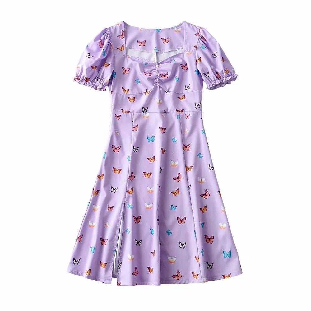 Vestido de manga farol con estampado de mariposa de temperamento NSAC34040