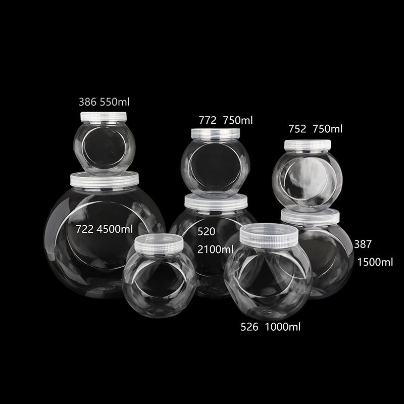 Botella de plástico transparente redonda al por mayor botella de plástico para mascotas alimentos tuerca caramelo plástico envasado de alimentos tarro con tapa