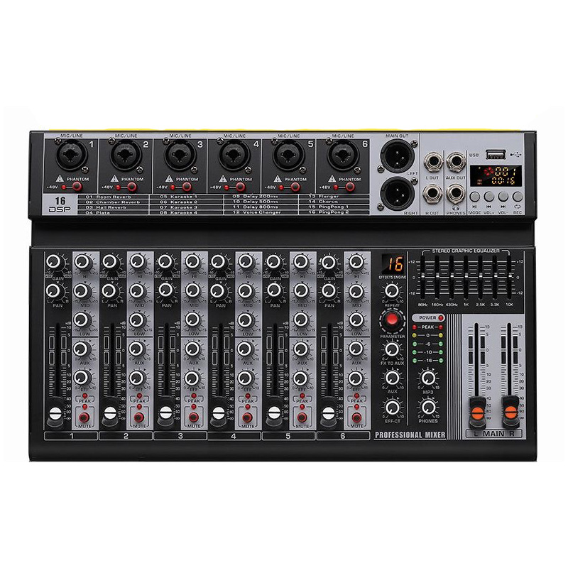 Mezclador profesional transfronterizo 4 / 6 16DSP / 7EQ / MP3 / Bluetooth / USB reverberación estéreo y control de ganancia