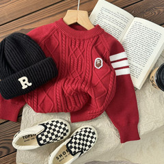 Children's Sweater Autumn and Winter New Year Clothes Boys Sweater Baby Hooded Ape Thick Knitted Red Sweater Trendy 