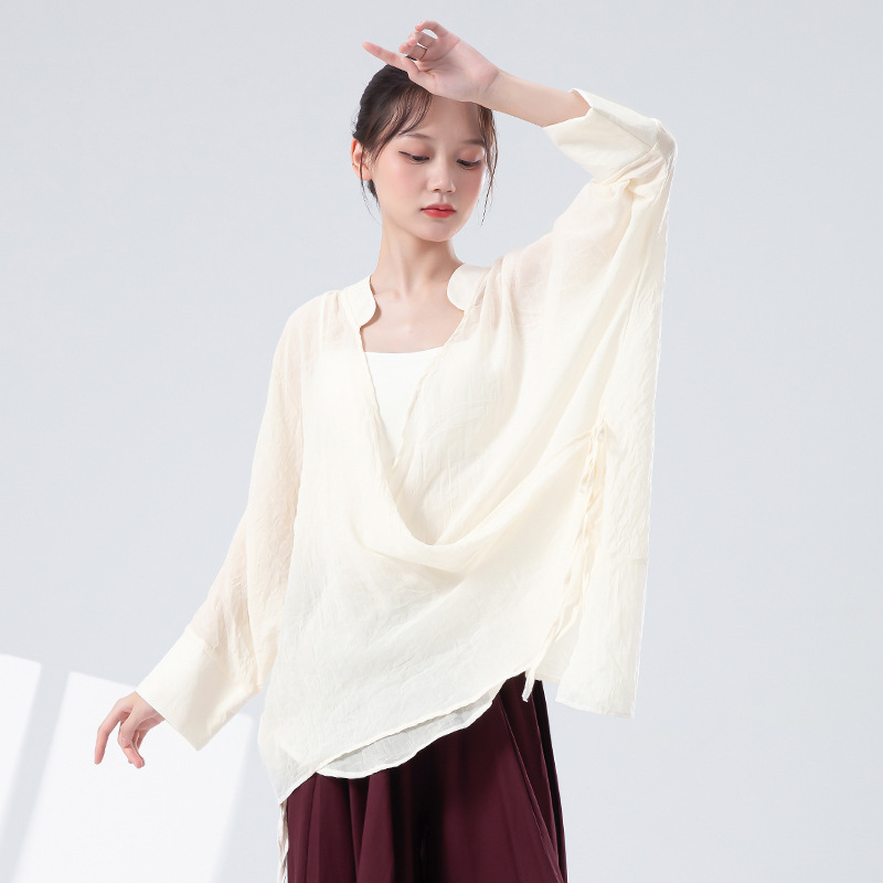 中国禅意风新中式宽松大舞蹈服女交叉小立领露背上衣古典舞练功服|undefined