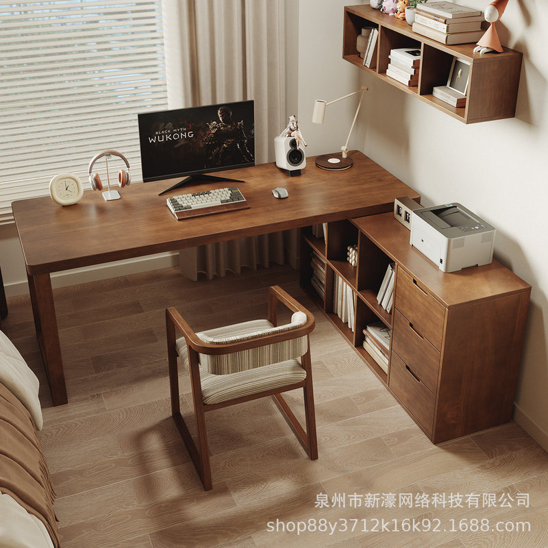 Modern minimalist solid wood desk and bookcase combination with drawers, suitable for living rooms, studies, and home offices; wall-mounted desk and chair set for home use